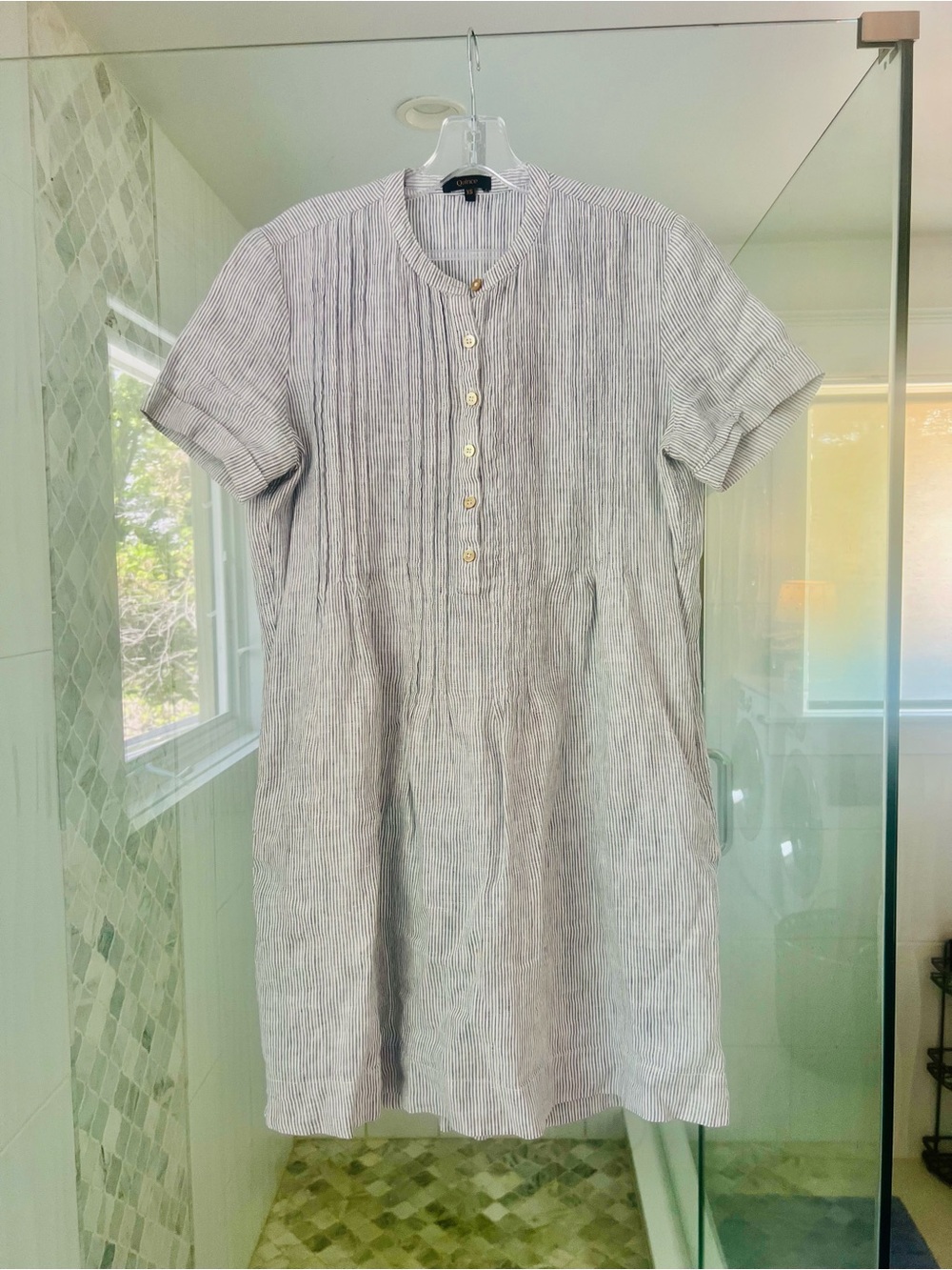 Quince 100% Linen Light Blue Striped Sleeveless Midi Dress - Picture 2 of 12